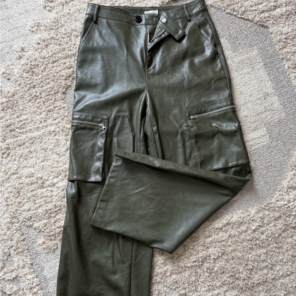 Avec Les Filles Anthropologie Olive Green Faux Leather Cargo Pants